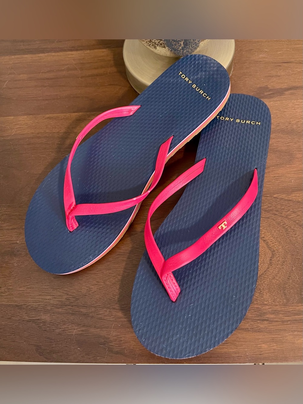 Tory Burch Nappa Leather Navy Flip Flops with Bright Pink Straps